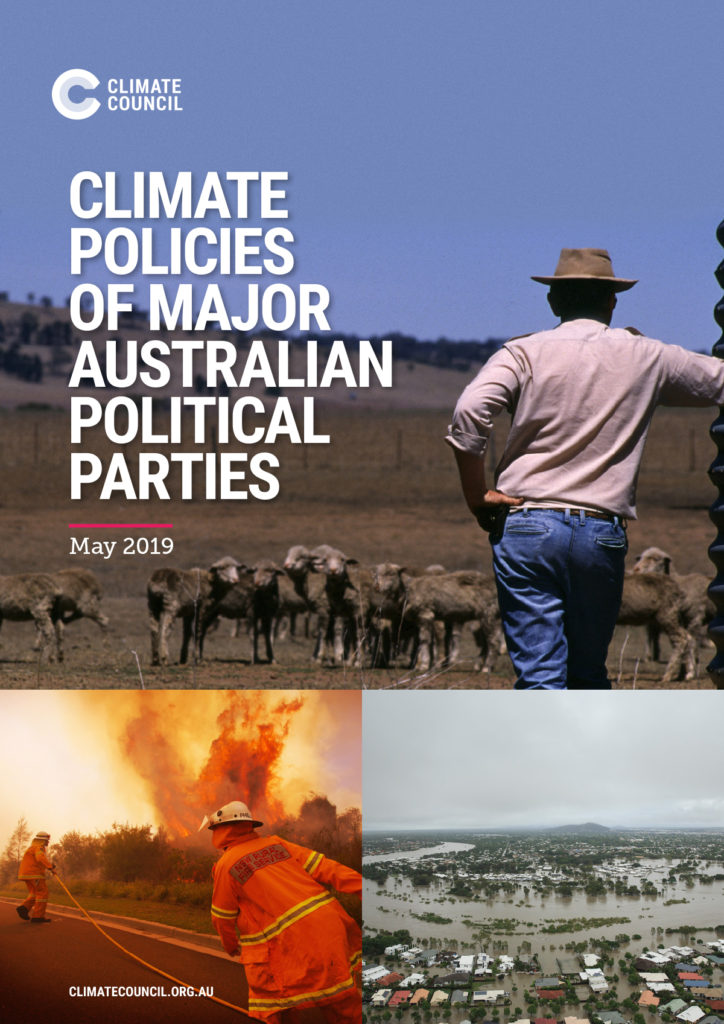 Photograph of farmer, fire, flood with title: Climate Policies of Major Australian Political Parties