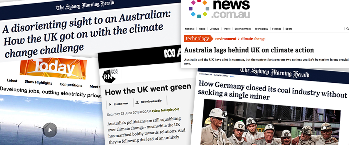 A collage of different media headlines that came out of the Climate Council's media trip to the UK and Germany.