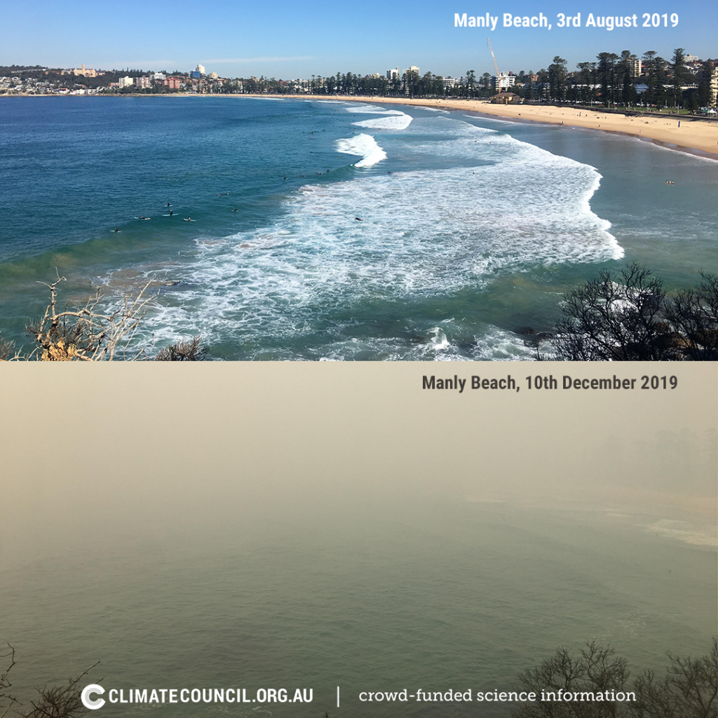 Photo of Manly Beach covered in smoke in December 2019