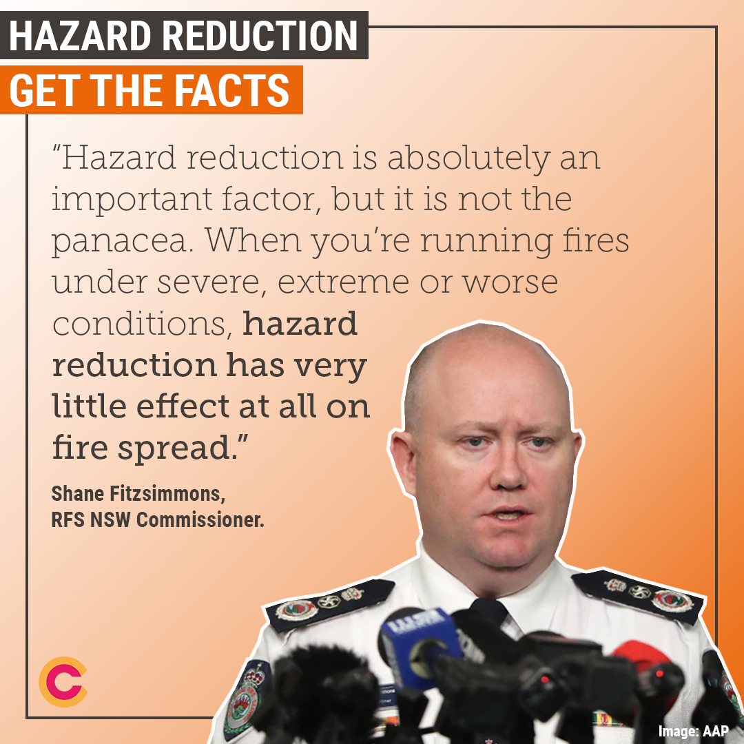 An image of Shane Fitsimmons, with a quote over the top and an organge background. The quote is about hazard reduction not being the 'panacea'. 