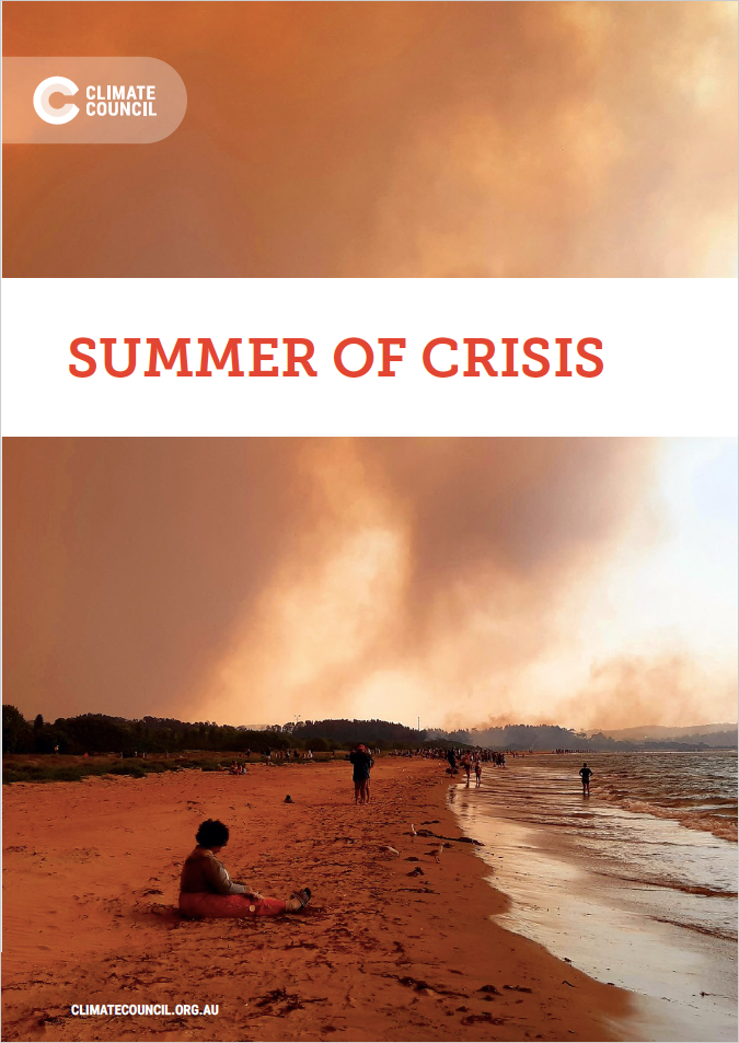 A picture of the front of the Climate Council's new report: Summer of Crisis. It has an image of a person stranged on the beach with an orange sky from the bushfire smoke. 