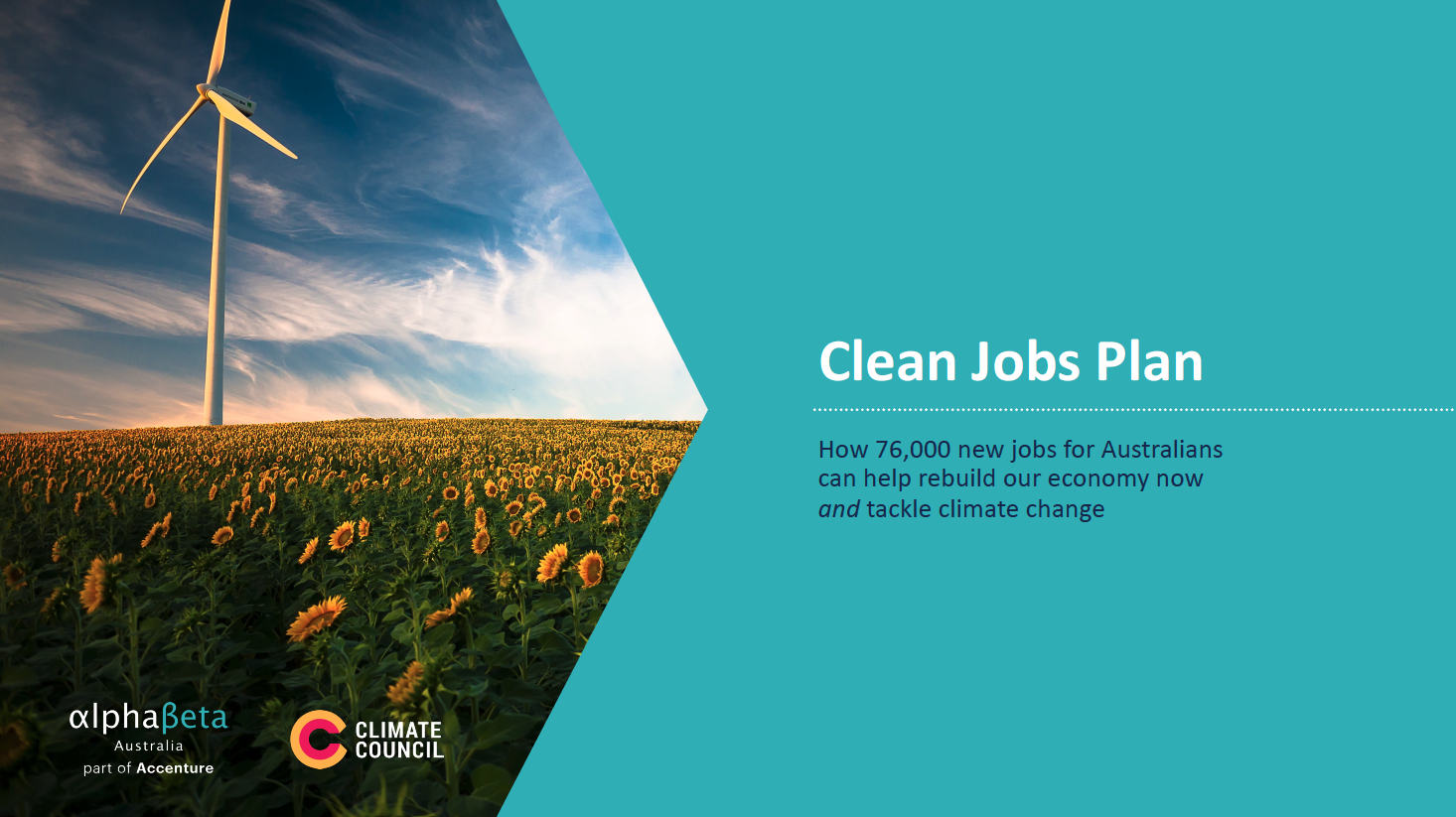A screenshot of the cover of the Clean Jobs Plan - one half of the page with a field of sunflowers and a windmill, the other with tesxt.