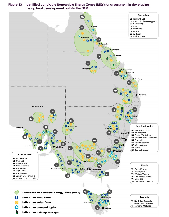 A map of the Renewable Energy Zones in the NEM of Australia. 