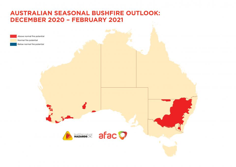 Australian seasonal bushfire outlook, December 2020 to February 2021. Areas in red are areas experiencing above normal fire potential. Source: Bushfire and Natural Hazards Cooperative Research Centre.