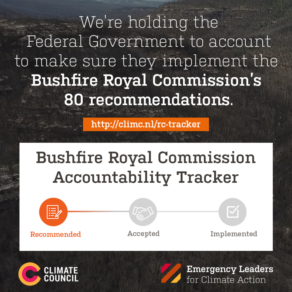 An example of ELCA's accountability tracker for the Bushfire Royal Commission's report