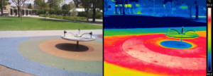 A playground in Auburn seen with the human eye versus with a thermo-receptive camera. Sections of the playground's play surface are between seventy and eighty degrees celsius.