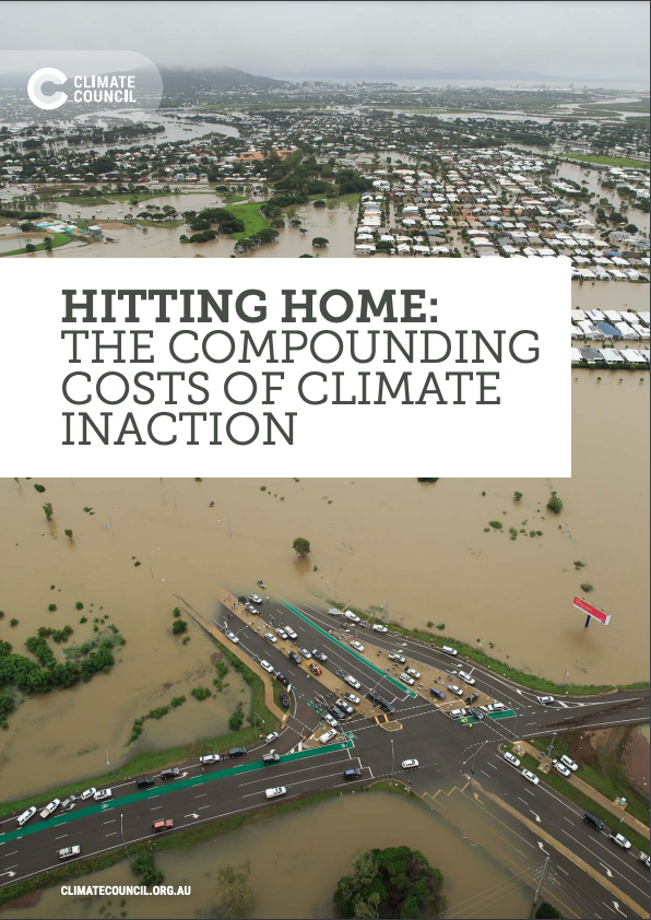 The cover of a report, with text saying 'Hitting home: the compounding costs of climate inaction', in front if an image of flooding roads. 