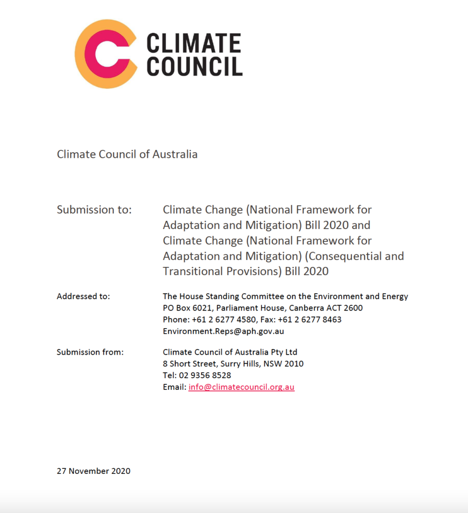 Climate Council Submission_Climate Change 2020 Bill opening page