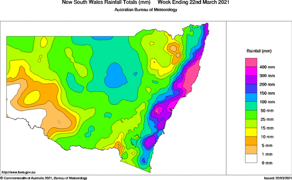 NSW rainfall totals for the week ending March 22, 2021