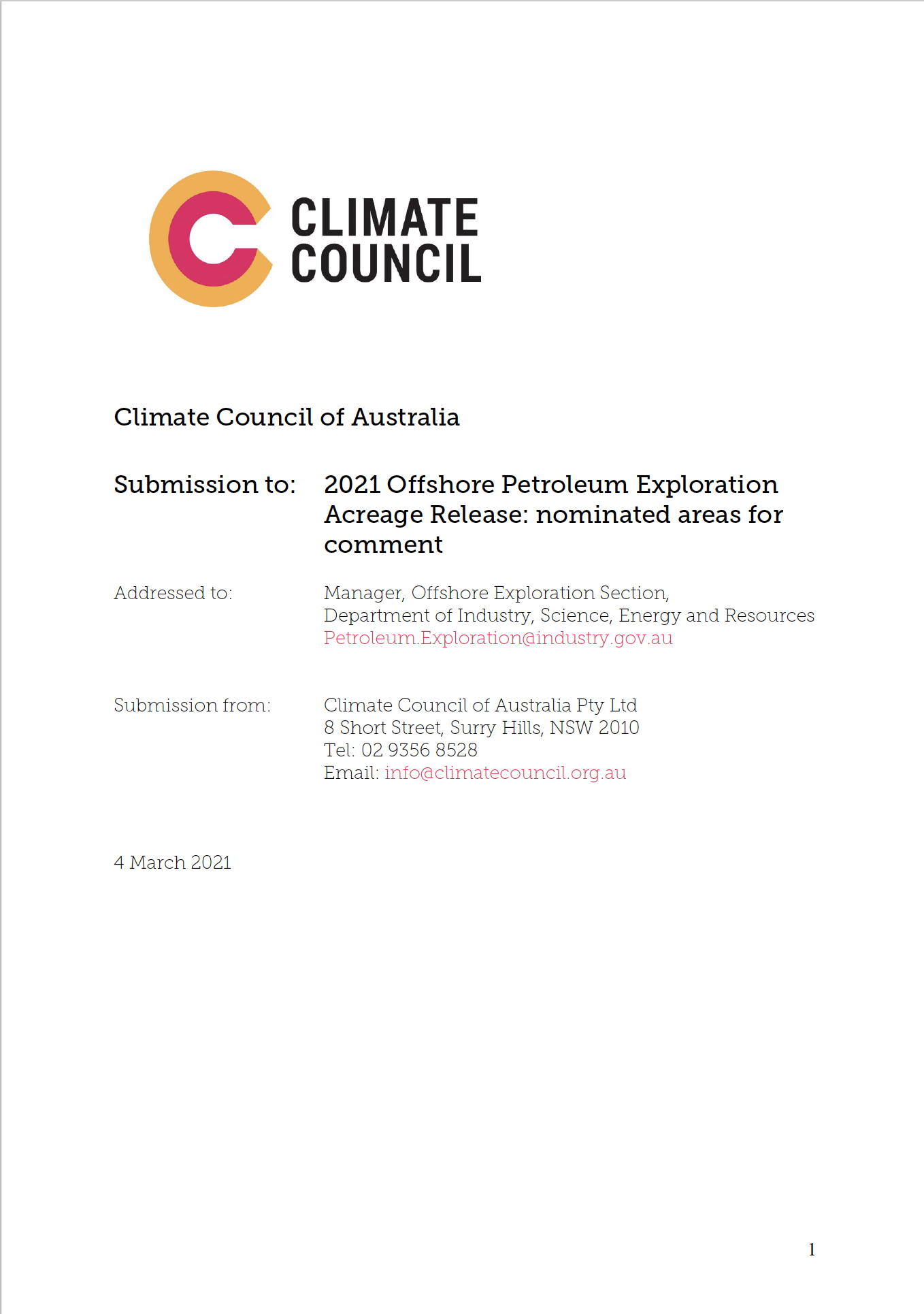 The cover page of the submission to 2021 Offshore Petroleum Exploration Acreage Release: nominated areas for comment.
