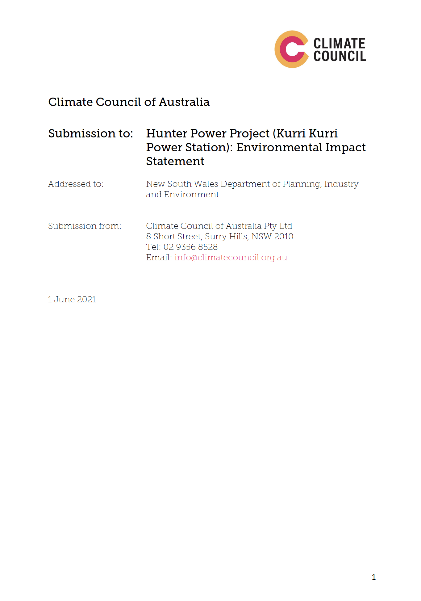 A screenshot of the front page of a Climate Council submission. Black words on white page. 