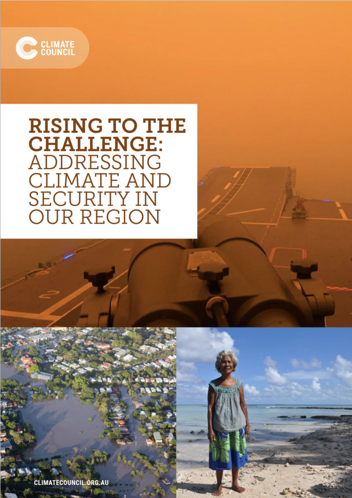 The cover of CLimate Council report about security and climate change. 3 images as a collage. 