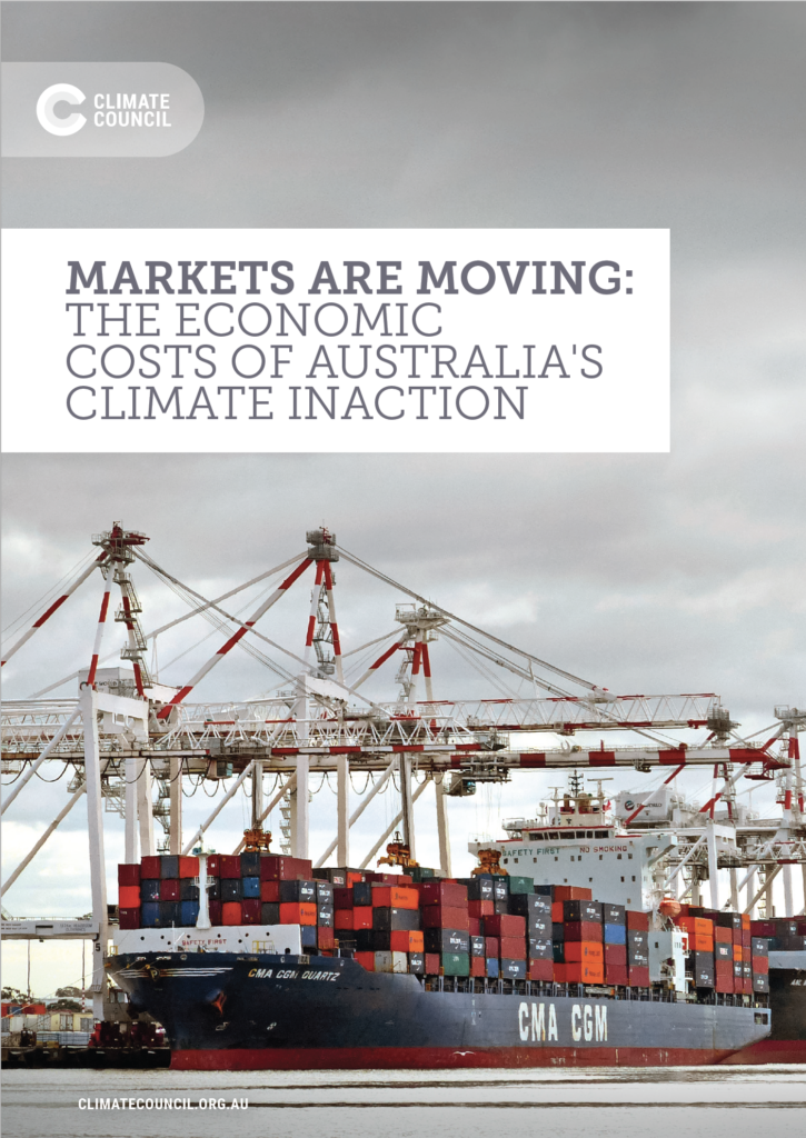 The cover of the Climate Council report, 'Markets are moving: the economic costs pf Australia's climate inaction'. With an image of a shipping container. 