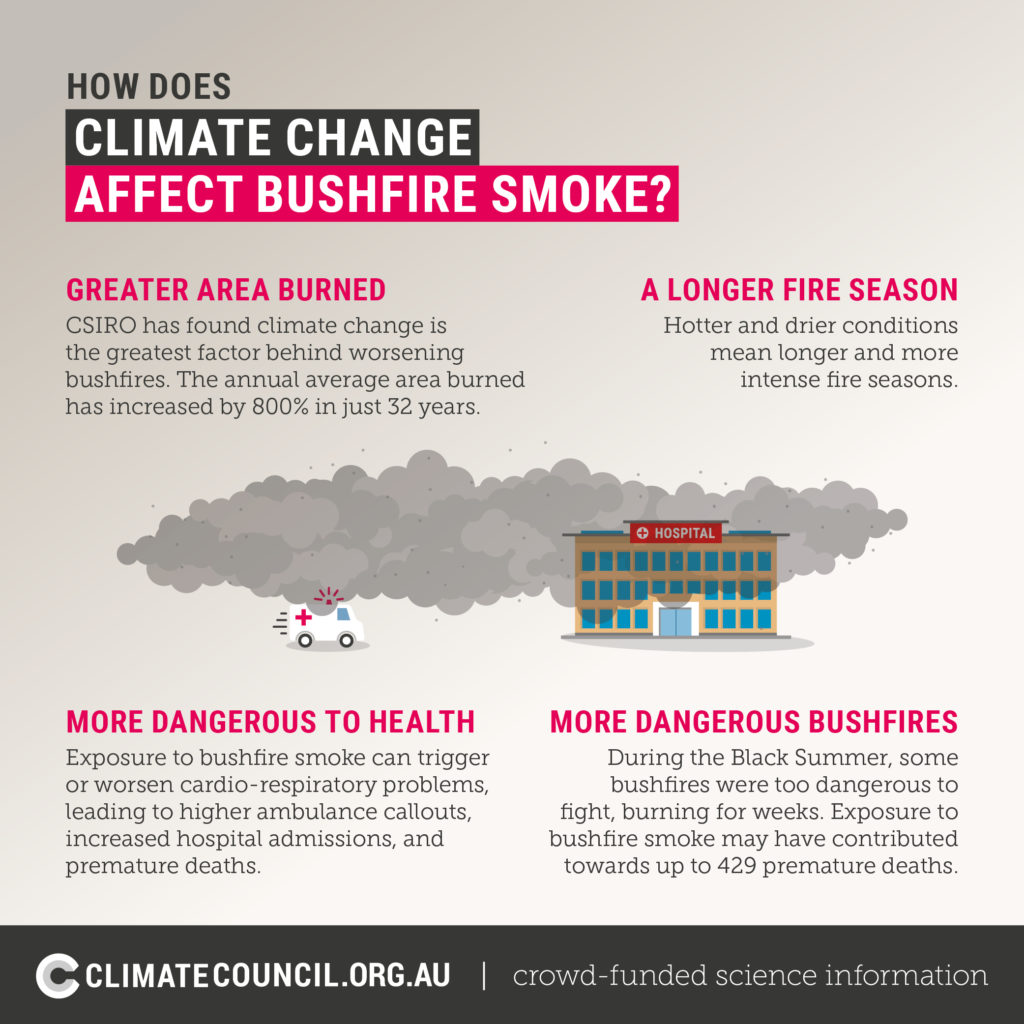 An illustration explaining how climate change affects bushfire smoke - in English