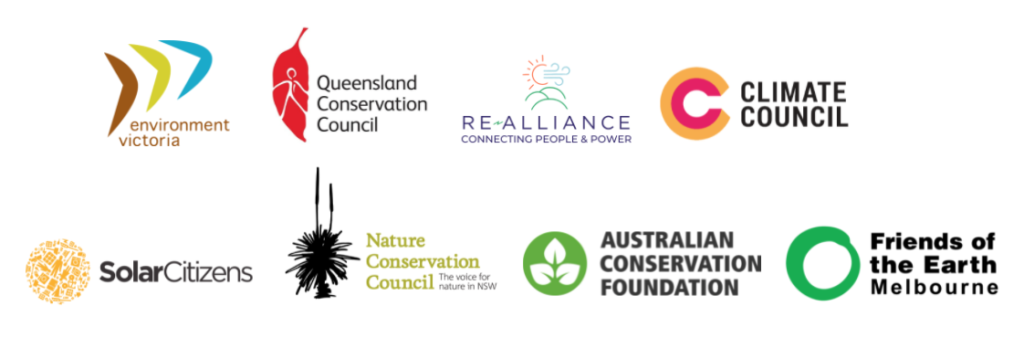 Logos: EV, QLD Cons Council, Re-Alliance, Climate Council, Solar Citizens, NCC, ACF, FOTE Melbourne