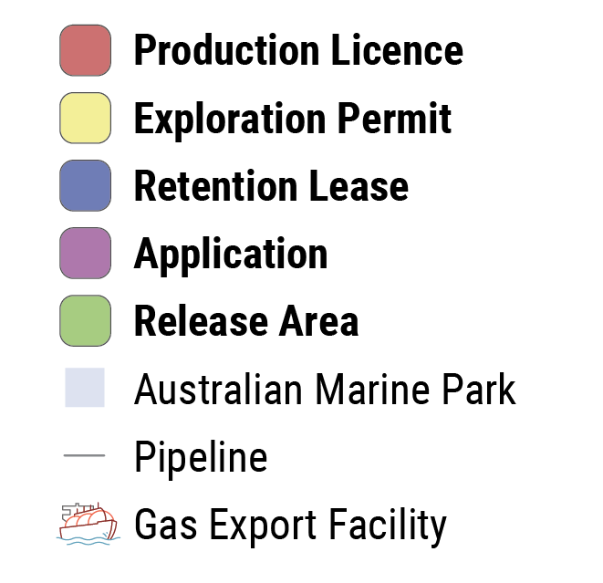 Key indicating which sections of the map relate to production licences, exploration permits, retention leases, applications, release areas, as well as Australian Marine Park, pipeline, or Gas Export Facility