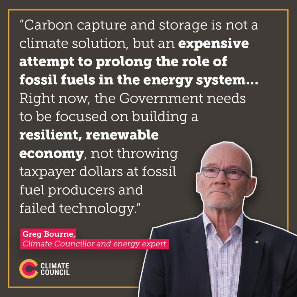 An image of a man with text explaining why CCS is a bad investment and an expensive way to prop up fossil fuels.