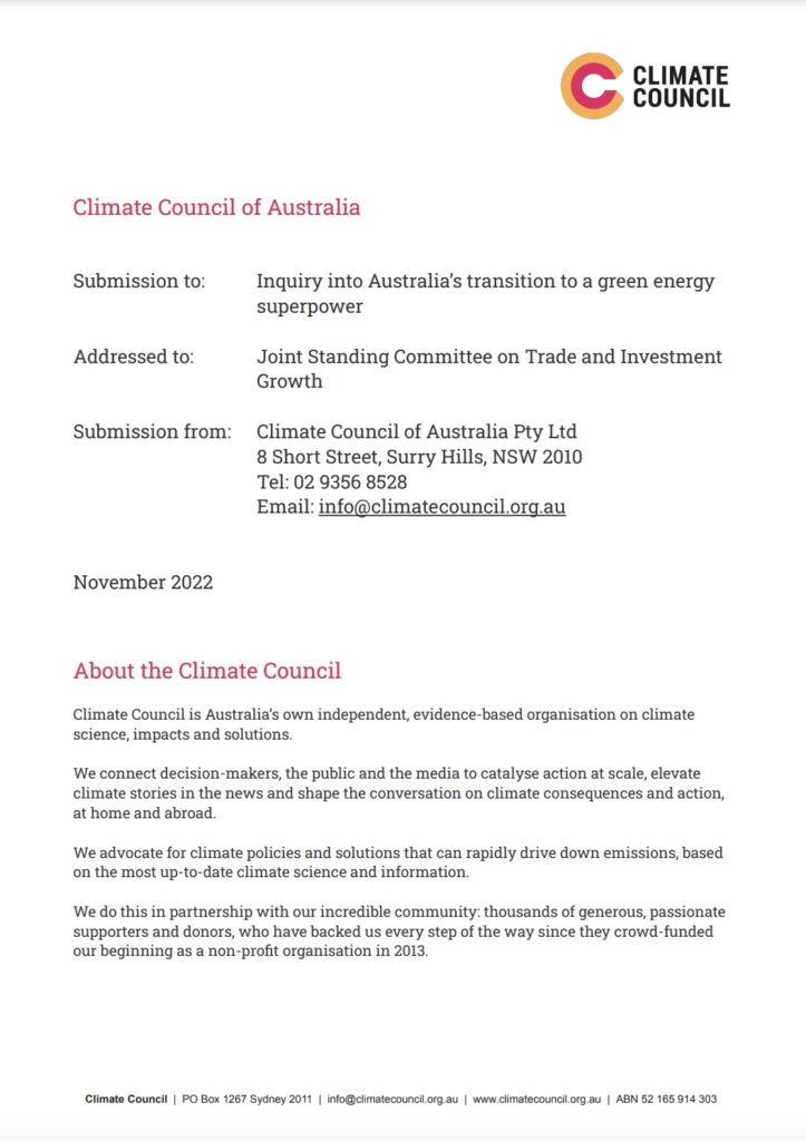 Inquiry into Australia’s transition to a green energy superpower submission
