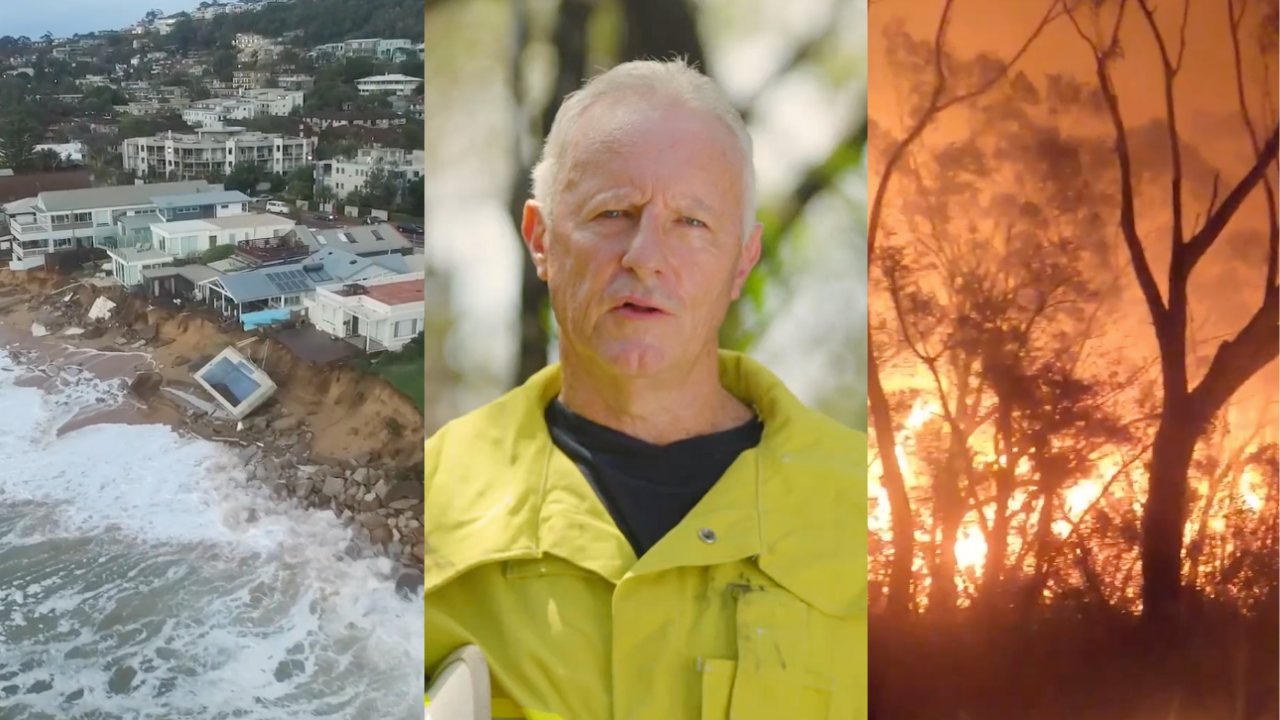 An image split three ways vertically - first image is an eroded beach from big storms, taken from above. The second image is Greg Mullins in a yellow uniform. The third image is of a bushfire in the Australian bush.